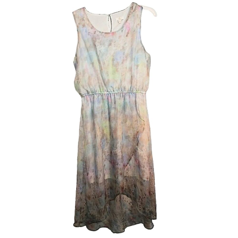 Y2K Chiffon Dress Midi Sz M Pastel Watercolor Floral Roses Sleeveless Flowy VNT